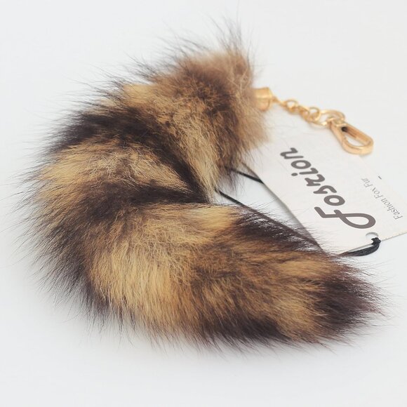 ⚡2 pcs 25cm length Authentic America Raccoon Tail Fur Handbag Chain Ring Hook - Picture 9 of 9